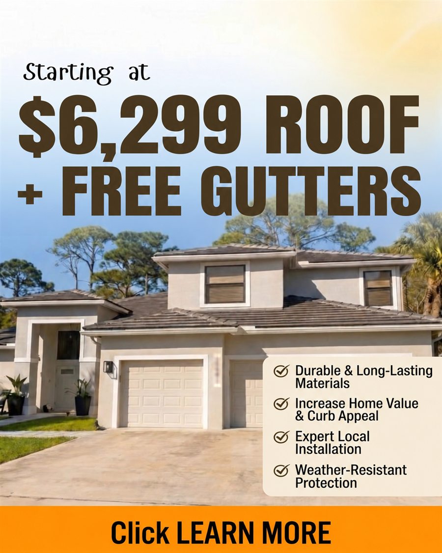 Client A static ad, anonymized: Starting at $6,299 roof plus free gutters