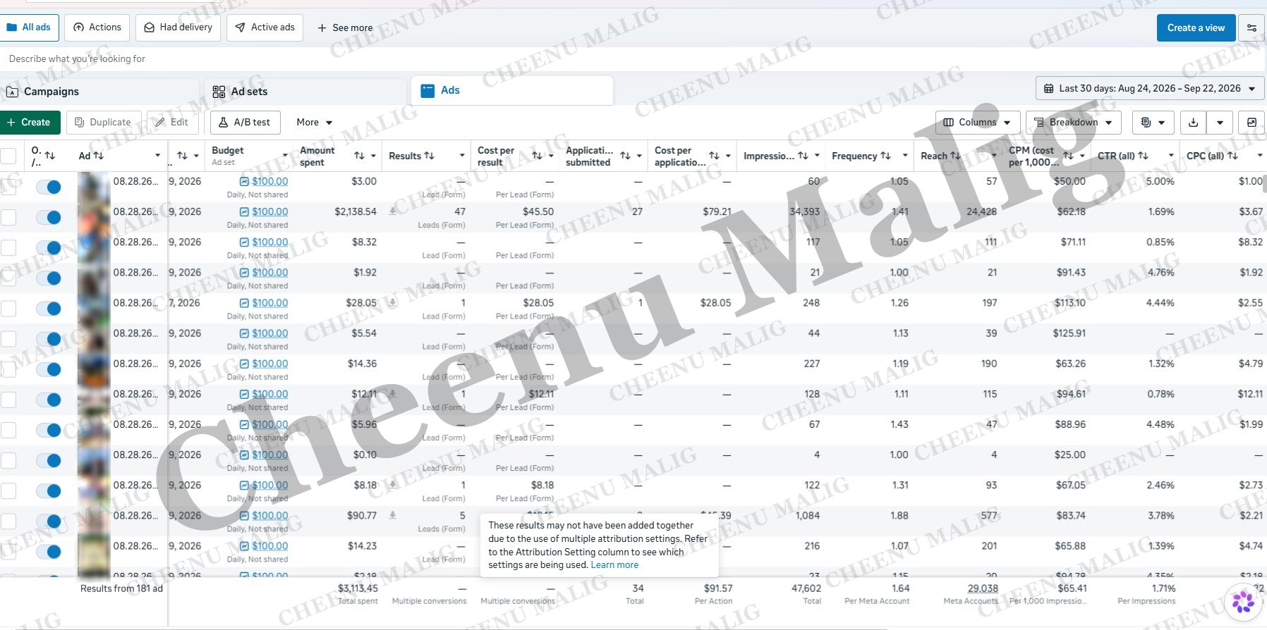 Client C ad table in Meta Ads Manager, watermarked