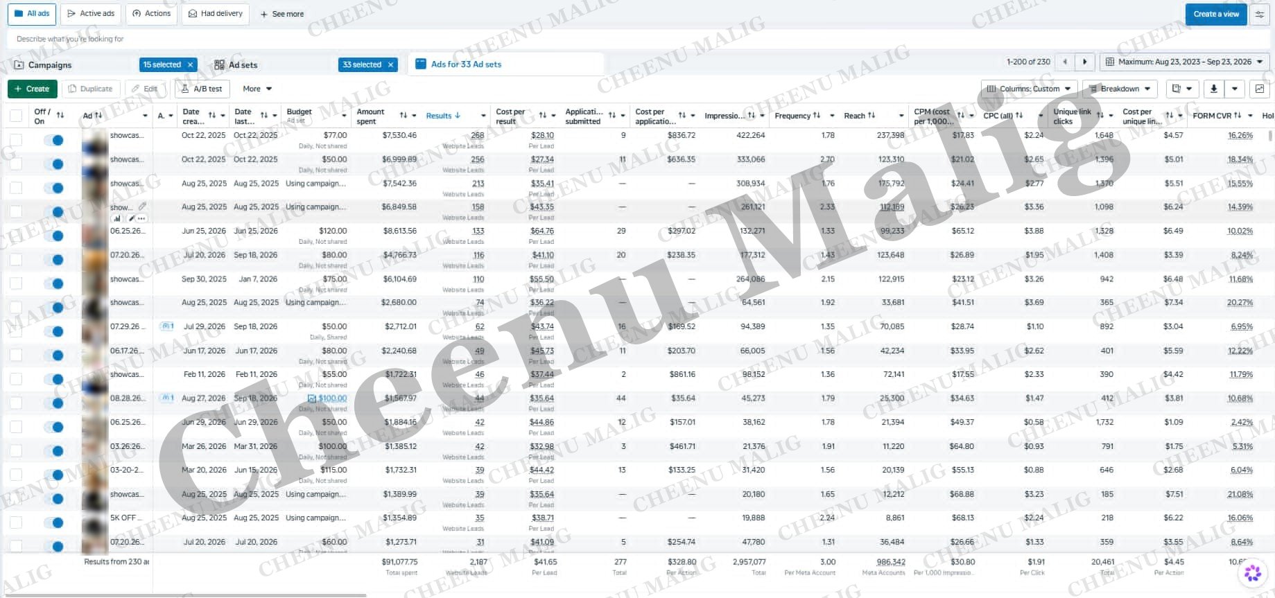 Client E ad table in Meta Ads Manager, watermarked
