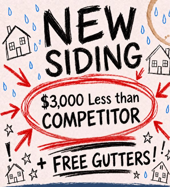 Client D siding ad: a notebook doodle reading New siding, $3,000 less than competitor, plus free gutters