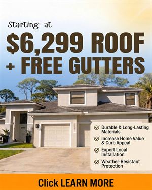 Client A roofing static ad, anonymized: starting at $6,299 roof plus free gutters