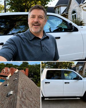 Client A roofing static ad, anonymized with a stand in face: an owner selfie by a work truck, above a finished roof
