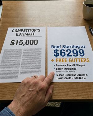 Client A roofing static ad, anonymized: a competitor's $15,000 estimate beside a roof starting at $6,299 plus free gutters