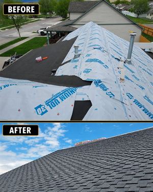 Sample roofing concept: the same roof before, half covered in underlayment, and after, finished with new dark shingles