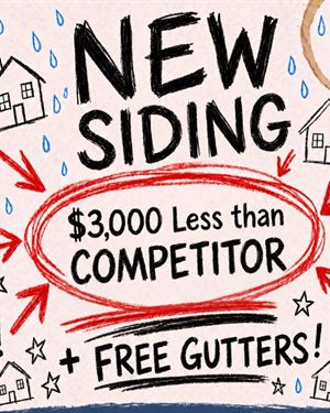 Client D siding static ad: a notebook doodle reading New siding, $3,000 less than competitor, plus free gutters