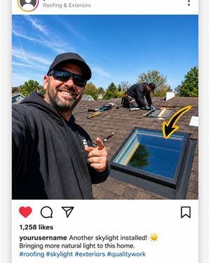 Sample native post concept: a roofer's selfie pointing at a newly installed skylight