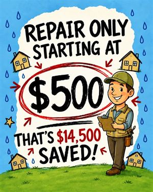 Sample illustrated roofing concept: repair only starting at $500, that's $14,500 saved